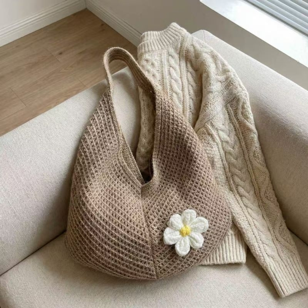 Woven Daisy Tote Bag - Cream Daisy on Beige